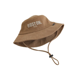 Brown corduroy kids bucket hat with Boston 1630 embroidery and windproof strap