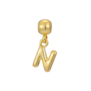 Macro shot of 18k gold plated bubble letter N pendant with a polished shiny metallic surface