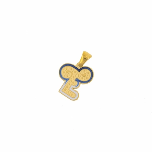 Detailed shot of golden letter E pendant with beige and blue enamel dot texture