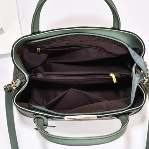 Green large capacity printed tote bag showing spacious interior with multiple compartments