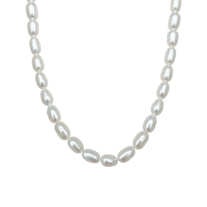 Elegant natural freshwater pearl necklace with white oval rice pearls and 14K gold clasp