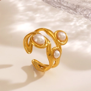 Vintage style gold adjustable ring with three pearls and irregular wavy streamline design