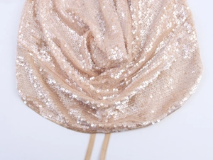 Detail of champagne sequins on mesh fabric with elegant ties and pleated textures