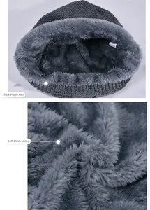 Detailed macro view showing the thick soft grey plush lining of the knitted winter hat
