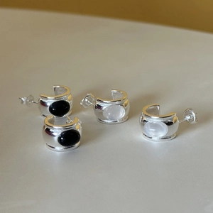925 Sterling Silver Arc Stud Earrings Inlaid Black Agate White Crystal Minimalist Geometric Jewelry For Women
