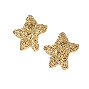 Minimalist gold star stud earrings with irregular hammer texture on a white background