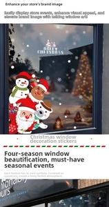 Detailed Christmas window decals featuring Santa, reindeer and snowman for festive displays
