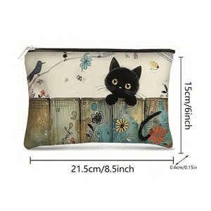 Large canvas zipper pouch with cute black cat illustration and detailed size dimensions
