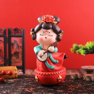 Miniature Tang Dynasty lady tumbler figurine in red and green with pipa instrument