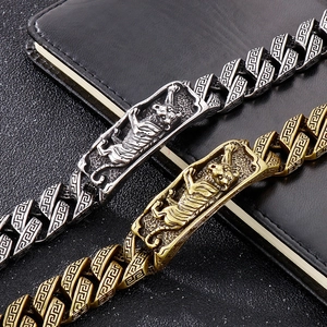 Retro hip hop tiger charm bracelet with Greek key pattern Cuban link in gold and silver