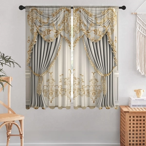 Detail showing elegant grey and cream 3D floral curtains with luxury gold embroidery