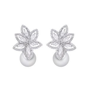 Elegant silver flower stud earrings featuring white pearls and marquise cut cubic zirconia
