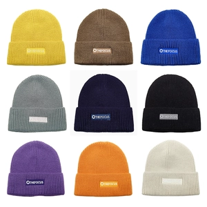 Acrylic Knitted Beanie Hat Ribbed Cuffed Winter Warm Soft Patch Logo Casual For Men Women