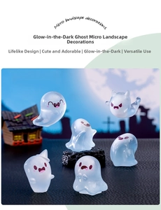 Close-up of 6 glow-in-the-dark ghost figurines for Halloween micro landscape decor