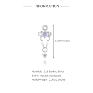 Detail showing S925 sterling silver moonstone stud dimensions of 1.54cm and 0.26g weight