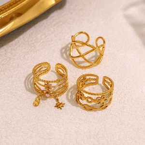 18K gold plated multi-layer geometric star rings with minimalist cross and floral designs