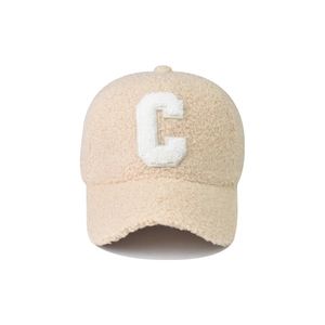 Beige lamb wool baseball cap with white letter C embroidery for winter warmth