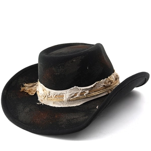 Vintage black wool felt cowboy hat with distressed texture and woven cord band