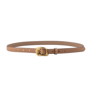 Slim tan genuine leather belt for women with organic gold-tone bean shape metal buckle