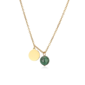 Gold plated stainless steel necklace with green malachite bead and circular gold pendant