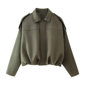Veste courte vintage en daim vert armée avec col à revers et épaulettes pour femmes