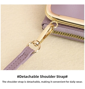 Detail of the purple crocodile texture bag showing golden metal hook and removable strap