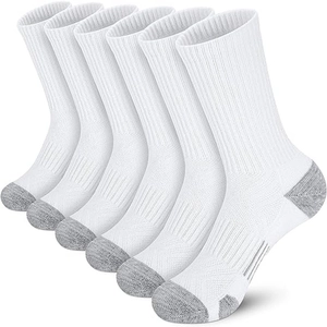 Detailed view of white cotton crew socks with grey reinforced heel and toe details