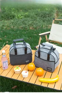 Detail of insulated lunch bags in two sizes on grass with front pocket and handles