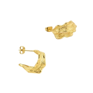 Irregular golden C-shaped hoop earrings with textured ripple design and metallic finish
