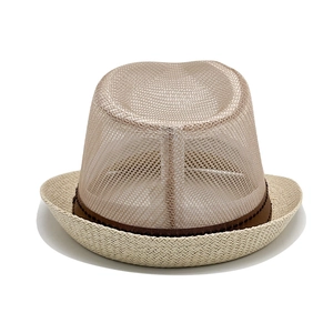 Detail of breathable mesh crown and woven brim on a stylish summer fedora sun hat