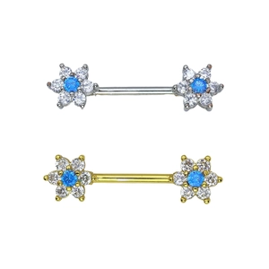 Floral nipple rings with blue and white zircon stones in silver and gold finishes
