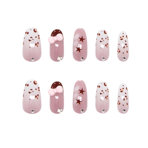 Pink gradient leopard press-on nails with 3D bows, stars and rhinestones, 10-piece oval set