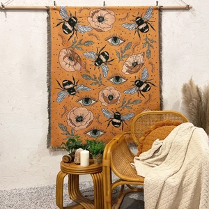 Bohemian orange bee and floral patterned woven tapestry with tassels for home decor
