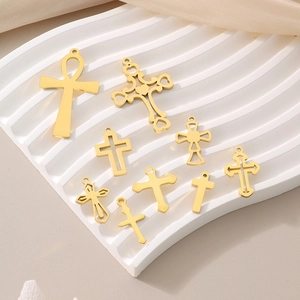 Set of 8 vintage 18K gold-plated stainless steel hollow cross pendants for DIY jewelry