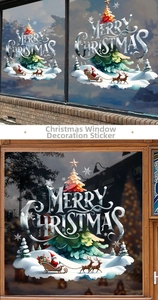 Detail of Merry Christmas window sticker featuring Santa Claus and reindeer on a glass shopfront