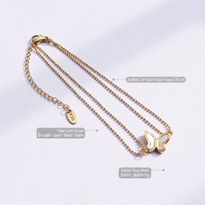 Double-layer stainless steel butterfly anklet with white shell inlay in 18K gold plating