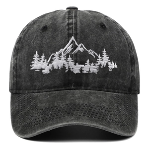 Mountain Forest Embroidery Washed Cotton Baseball Cap Retro Outdoor Adjustable Dad Hat Men Women Vintage Style