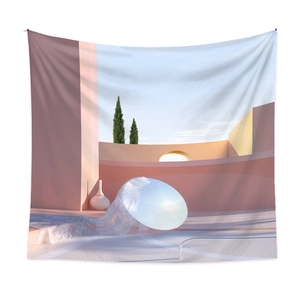 Detail eines surrealistischen Wandteppichs mit geometrischer Architektur und Spitze
