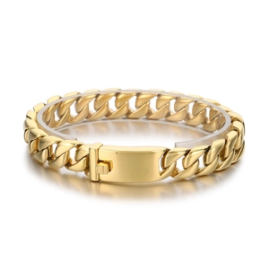 Polished 12mm gold stainless steel Cuban link bracelet with solid rectangular clasp