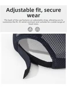 Dettaglio del cinturino in velcro regolabile e mesh traspirante del cappello blu