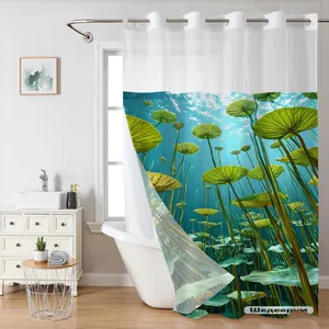 Detail of waffle weave shower curtain featuring green lily pads and bright sunlight scenery