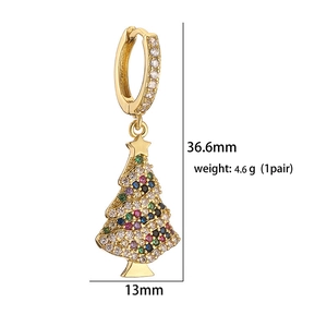 Detailed view of gold Christmas tree earrings with colored rhinestones and size dimensions