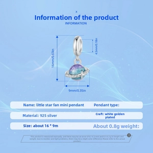 Detailed specs of 925 silver blue planet charm with purple enamel and star ring