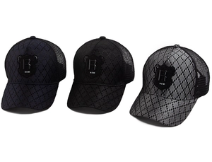 Three embroidered R-patch trucker hats in blue, black, and plaid with mesh panels