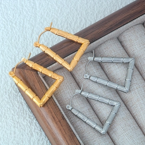 Bamboo style geometric stainless steel hoop earrings in gold and silver set