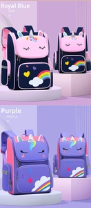 Detail of blue and purple unicorn school backpacks with embroidery and reflective strips