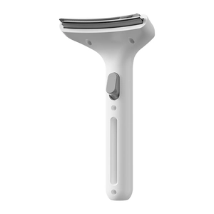 White pet deshedding brush with curved stainless steel teeth for efficient grooming