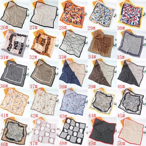 Detailed grid of 70x70cm floral satin scarves in 25 patterns with elegant gift boxes