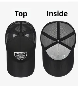 Close-up of black mesh trucker hat with lion head embroidery and inner lining detail