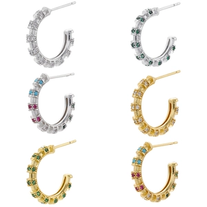 C-Shaped Hoop Earrings Brass Inlaid Cubic Zirconia 18K Gold Plated Bamboo Texture Luxury Fashion Jewelry Women